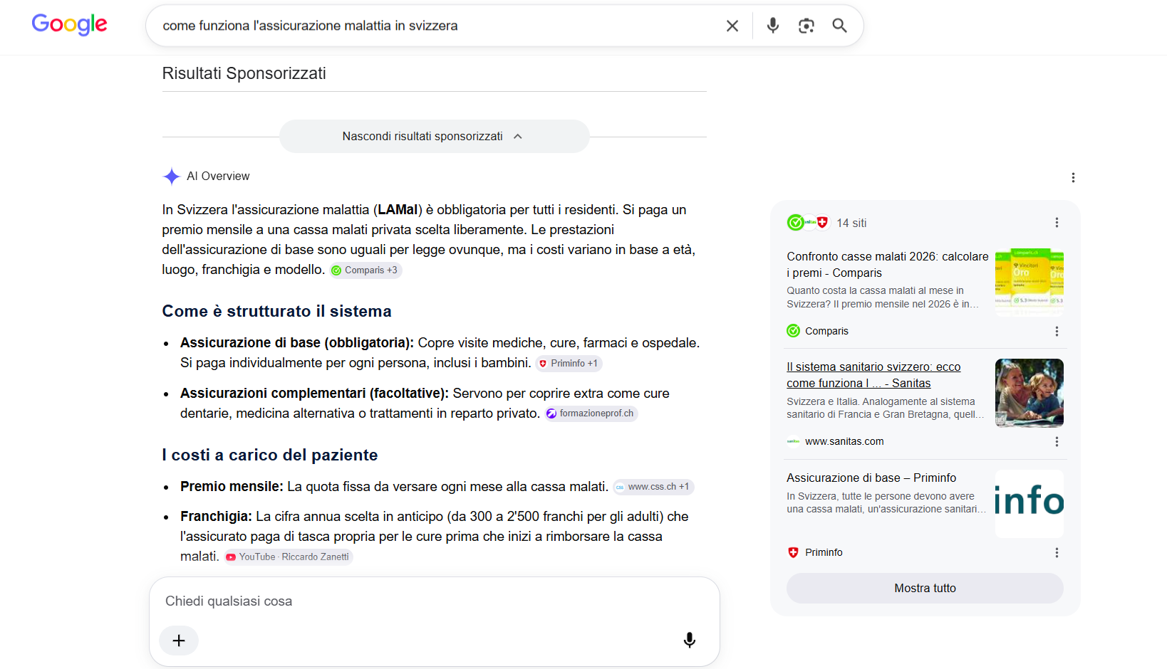 Google AI Overview risponde in italiano alla domanda «come funziona l'assicurazione malattia in svizzera» citando Comparis, Sanitas, Priminfo, CSS e formazioneprof.ch, con un pannello di 14 siti fonte