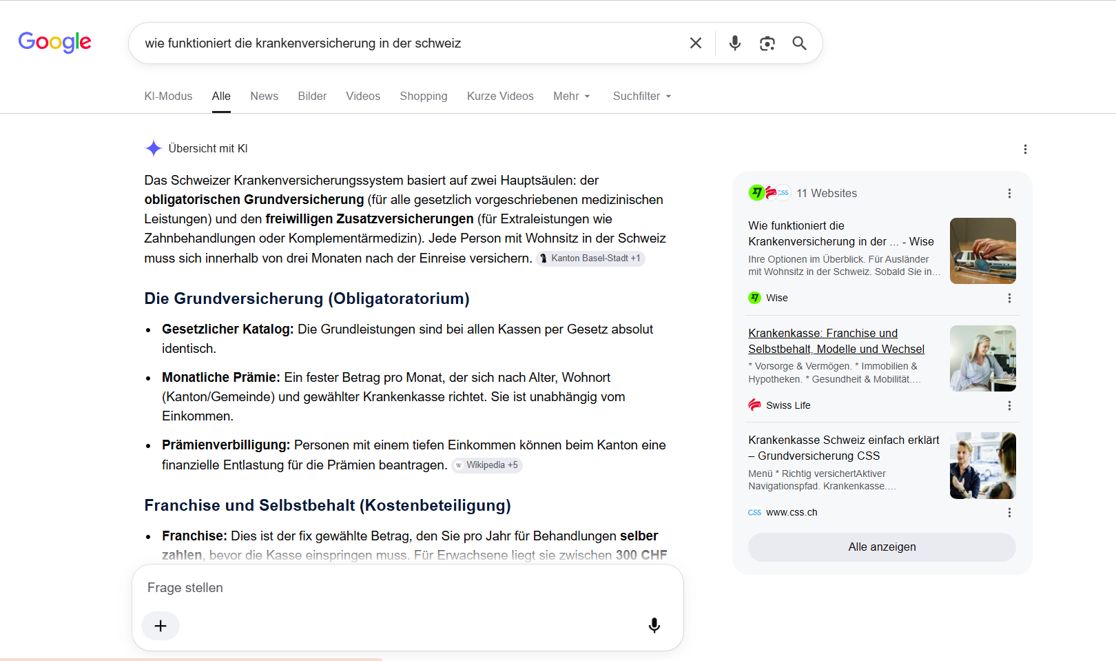 Google Übersicht mit KI beantwortet auf Deutsch die Frage «wie funktioniert die krankenversicherung in der schweiz» und zitiert Wise, Swiss Life, CSS, Kanton Basel-Stadt und Wikipedia, mit einem Panel von 11 Websites