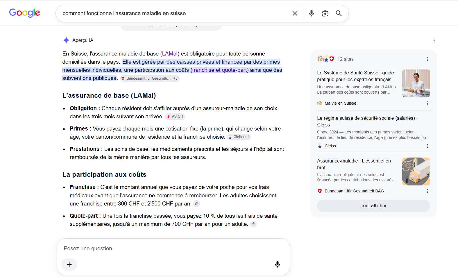 Aperçu IA de Google répond en français à la question « comment fonctionne l'assurance maladie en suisse » en citant Ma vie en Suisse, Cleiss, l'Office fédéral de la santé publique, VS.CH et la LAMal, avec un panneau de 12 sites sources