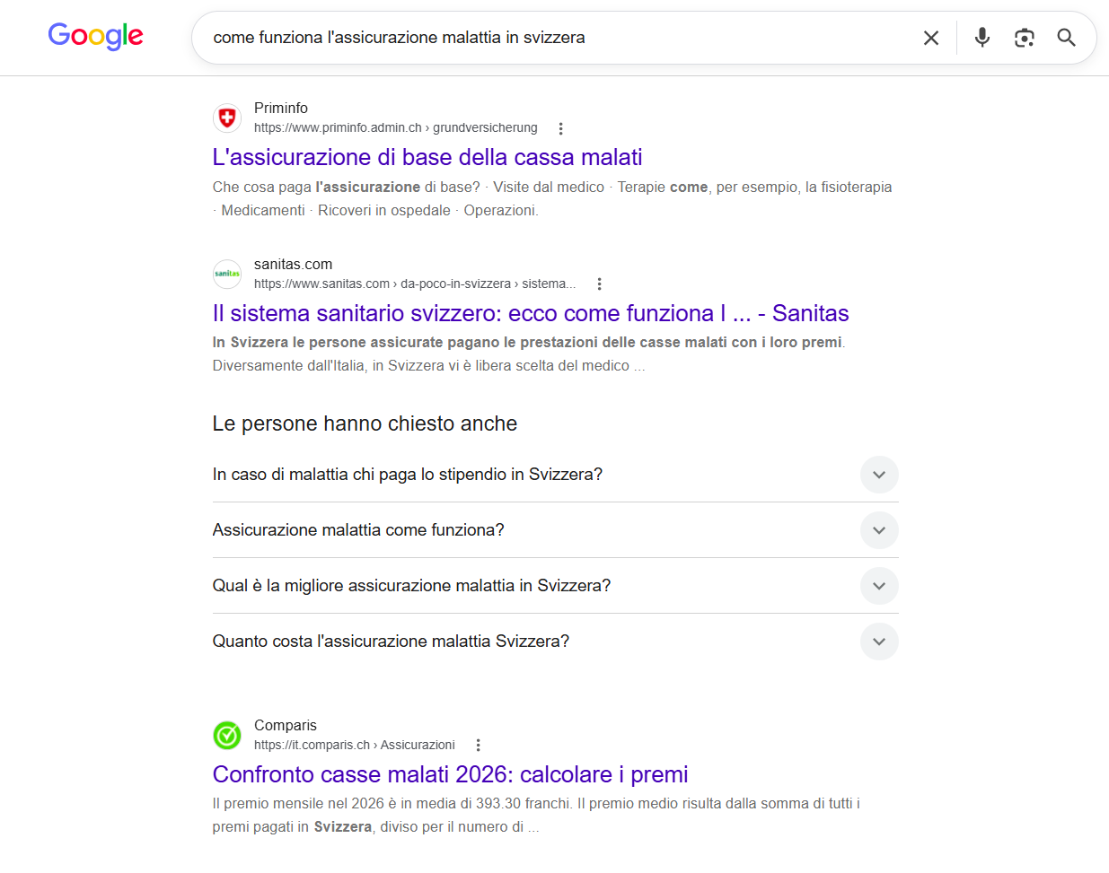 Risultati classici di Google sulla scheda Web per «come funziona l'assicurazione malattia in svizzera»: Priminfo primo, Sanitas secondo, Comparis terzo, senza alcun AI Overview