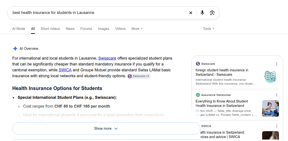 Google's AI Overview answers best health insurance for students in Lausanne by citing Swisscare, Assurance Genevoise and SWICA, with student plans from CHF 60 to CHF 160 per month and Swiss LAMal basic insurance