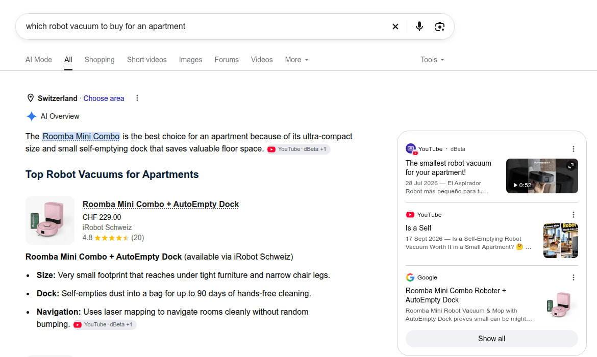 Google's AI Overview answers which robot vacuum to buy for an apartment by recommending the Roomba Mini Combo at CHF 229.00 from iRobot Schweiz, citing two YouTube videos and a Google listing as sources