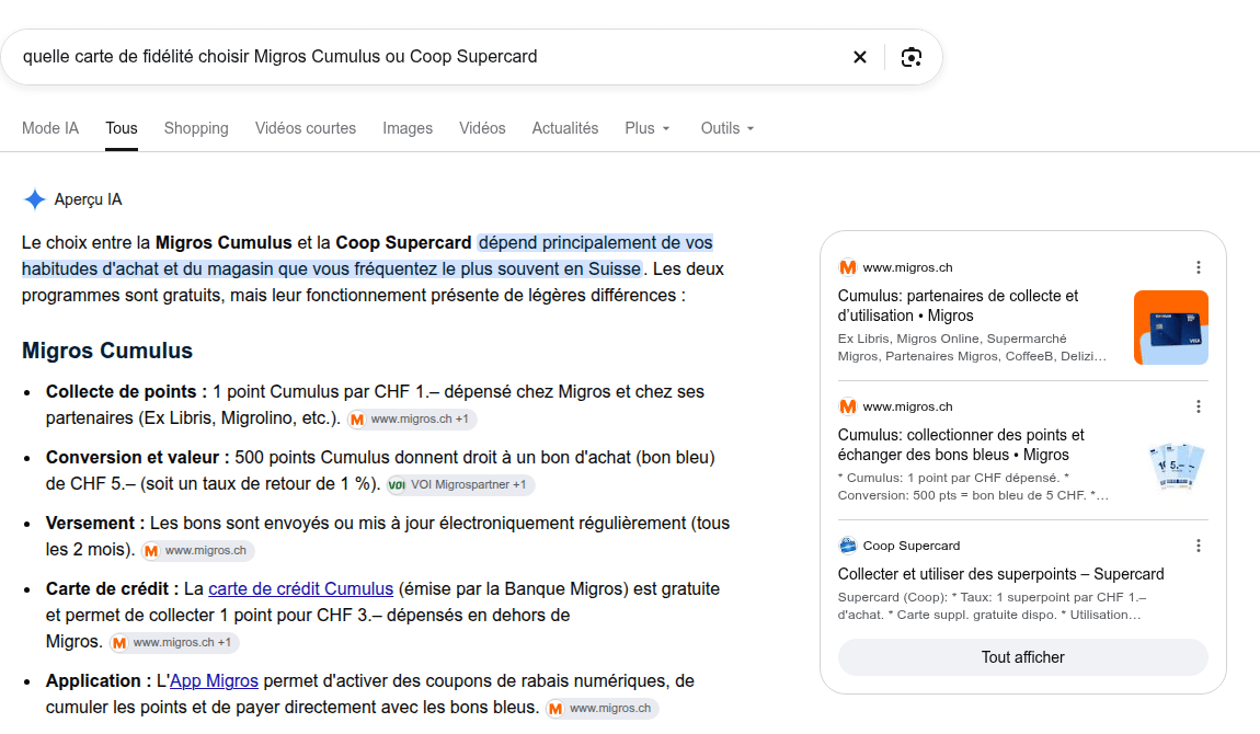 L'Aperçu IA de Google compare Migros Cumulus et Coop Supercard, avec 1 point par CHF 1.– et 500 points pour un bon de CHF 5.–, en citant les pages officielles de migros.ch et de supercard.ch