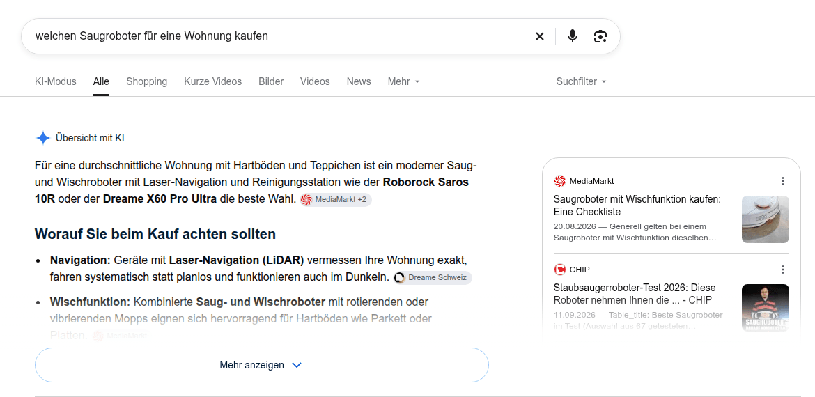 Die KI-Übersicht von Google beantwortet «welchen Saugroboter für eine Wohnung kaufen» mit dem Roborock Saros 10R oder dem Dreame X60 Pro Ultra und stützt sich auf MediaMarkt und CHIP als Quellen