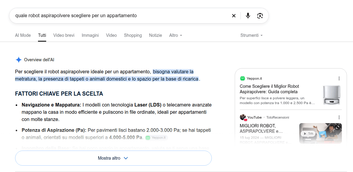 L'AI Overview di Google risponde a «quale robot aspirapolvere scegliere per un appartamento» appoggiandosi a Yeppon.it e a un video YouTube, fonti italiane, senza alcun sito svizzero