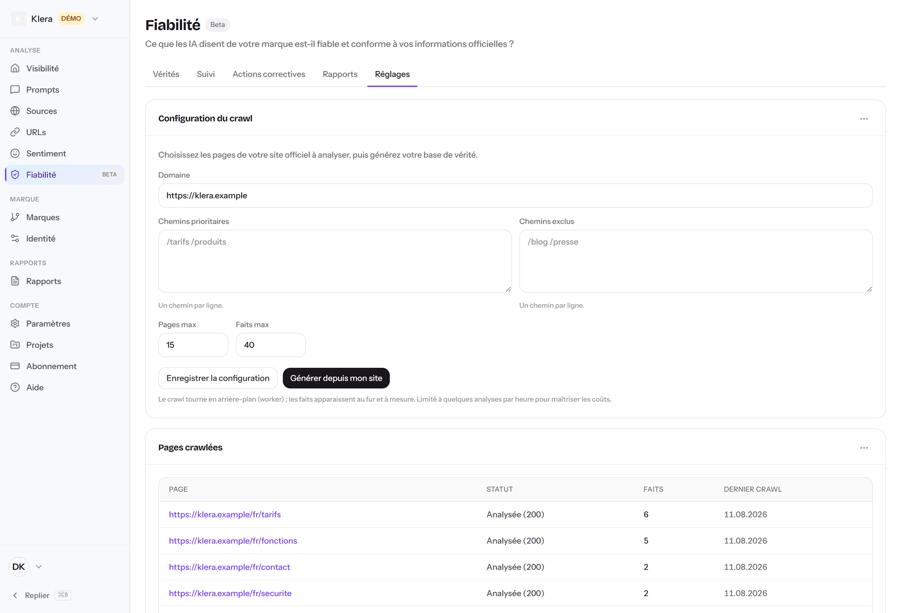 Analisi del sito ufficiale in Repliq: dominio da esplorare, percorsi prioritari ed esclusi, poi le pagine lette con il numero di informazioni estratte da ciascuna.