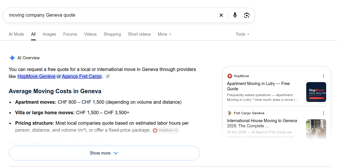 Google's AI Overview answers 'moving company Geneva quote' by naming HopMove Genève and Agence Fret Cargo, with apartment moves at CHF 600 to CHF 1,500, and cites HopMove and Fret Cargo Genève as sources