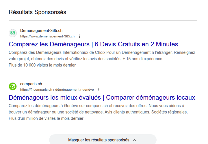 Résultats sponsorisés de Google pour « déménagement genève devis » : annonces de Demenagement-365.ch et de comparis.ch en bas de la page