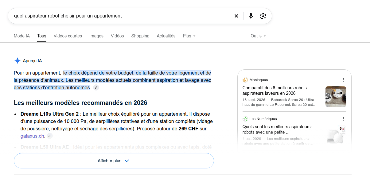 L'Aperçu IA de Google répond à « quel aspirateur robot choisir pour un appartement » en recommandant le Dreame L10s Ultra Gen 2 autour de 269 CHF sur galaxus.ch, et cite Maniaques et Les Numériques comme sources