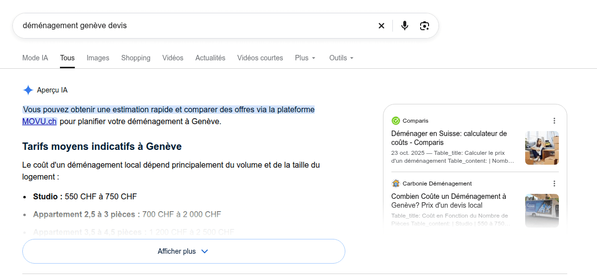 L'Aperçu IA de Google répond à « déménagement genève devis » en renvoyant vers MOVU.ch, avec des tarifs indicatifs en francs suisses, et cite Comparis et Carbonie Déménagement comme sources